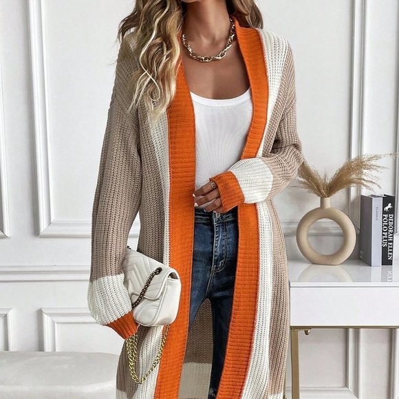 Multicolor Casual Womens Color Block Open Front Cardigan - Picture 4 of 6